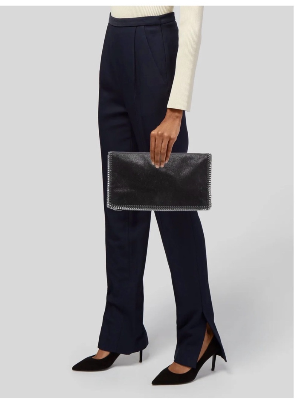 Women’s Stella McCartney black vegan leather clutch with chain detail
